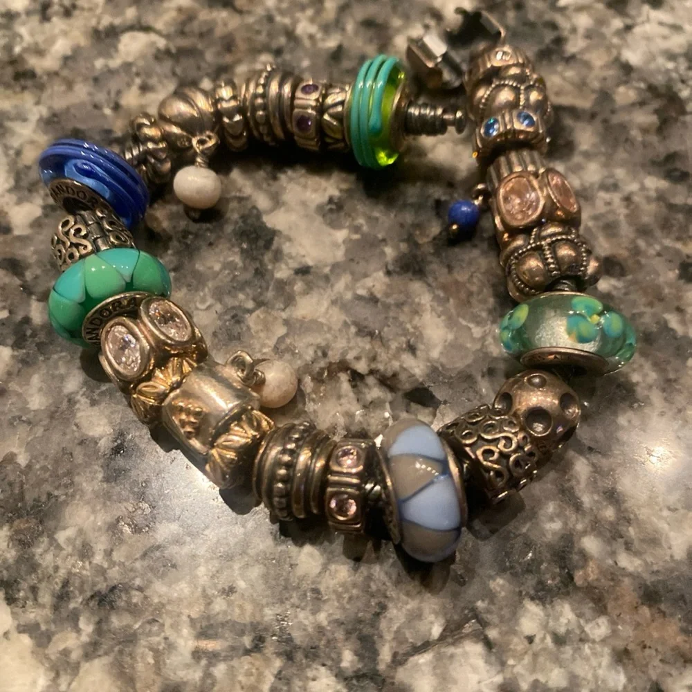 Pandora Moments Silver Bracelet with Blue green murano glass Charms - Picture 11 of 11
